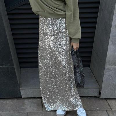 Women Maxi Skirt Elastic High Waist Sequins Long Style Skirt Street Shiny Loose Fit Skirt Night Club Stage Show