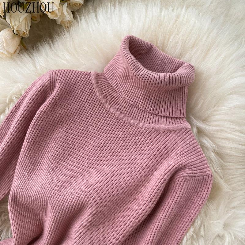 ROchie midi tricotată HOUZHOU pentru femei coreeană vintage elegantă, solidă, cu gât înalt, subțire, toamnă și iarnă, caldă, clasică, cu fundul de bază