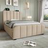 Upholstered Single Bed, Headboard with Golden Stripes and USB Type-C Charging 90*200 Cm, Beige Linen Hydraulic Storage Bed (Without Mattress)
