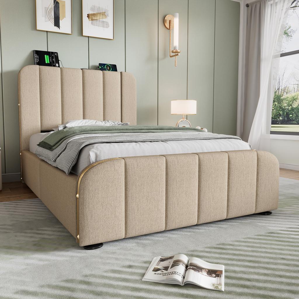 Upholstered Single Bed, Headboard with Golden Stripes and USB Type-C Charging 90*200 Cm, Beige Linen Hydraulic Storage Bed (Without Mattress)