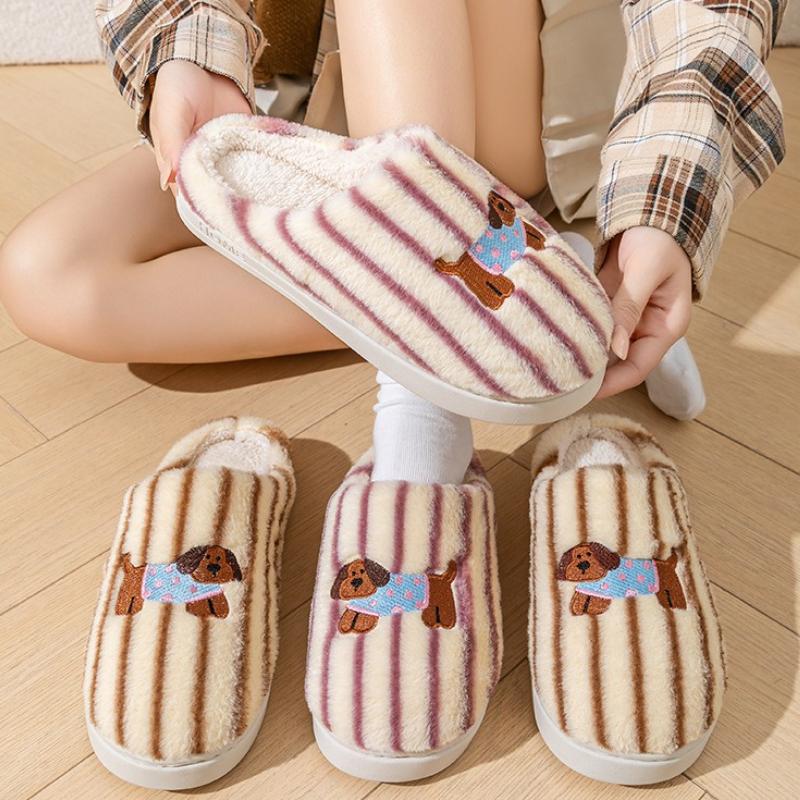 Fashion Women Indoor Cotton Slippers Cute Cartoon Dog Winter Warm Shoes Woman Men Home Slipper Anti-slip Couples House Floor Slides