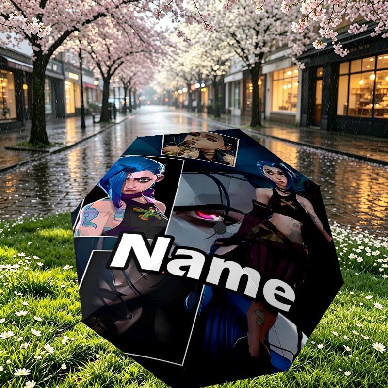 Custom Name Personalized Jinx Print Umbrella, Auto Open Close, 8‑Rib Sturdy Frame, Commute Camping Hiking Use, Birthday Gift