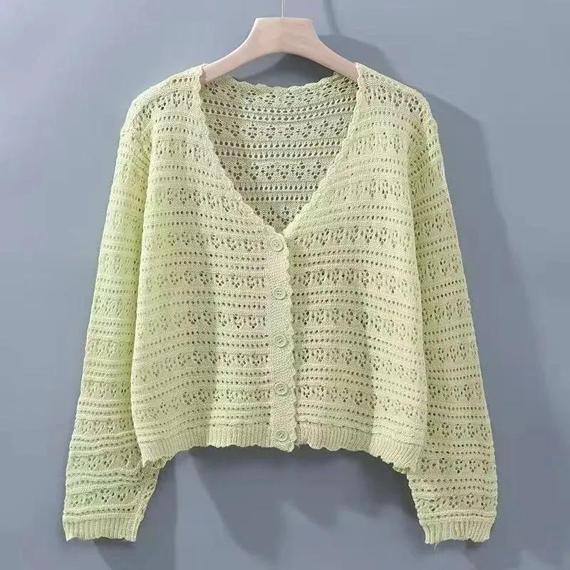 2025 women's summer hollow air-conditioning shirt, fresh candy color v-neck knitted cardigan, light and breathable long-sleeved sunscreen shirt