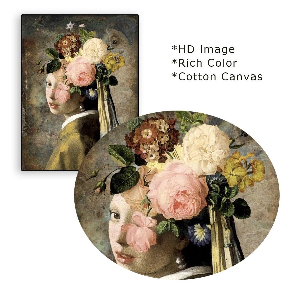 Vintage Poster Het Meisje Met De Parel Prints Flower Head Canvas Painting Hoom Bedroom Decoration Girls Room Wall Art Gift