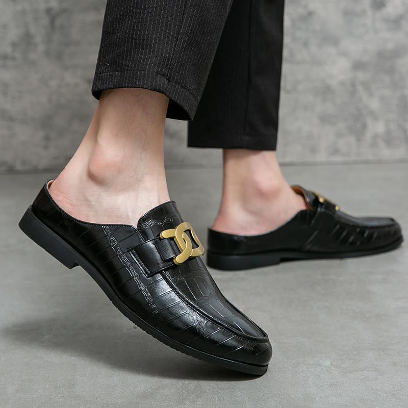 Fashion 2024 Italian Mens Slippers Leather Muller Shoes Men Loafers Outdoor Non-slip Black Casual Half Slipper Men Fashion Footwear Man