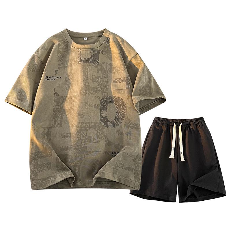 Men's Plus Size Casual Sports Set - Hong Kong Style, Summer, Loose, Round Neck, Short Sleeve, Five-Point Pants.