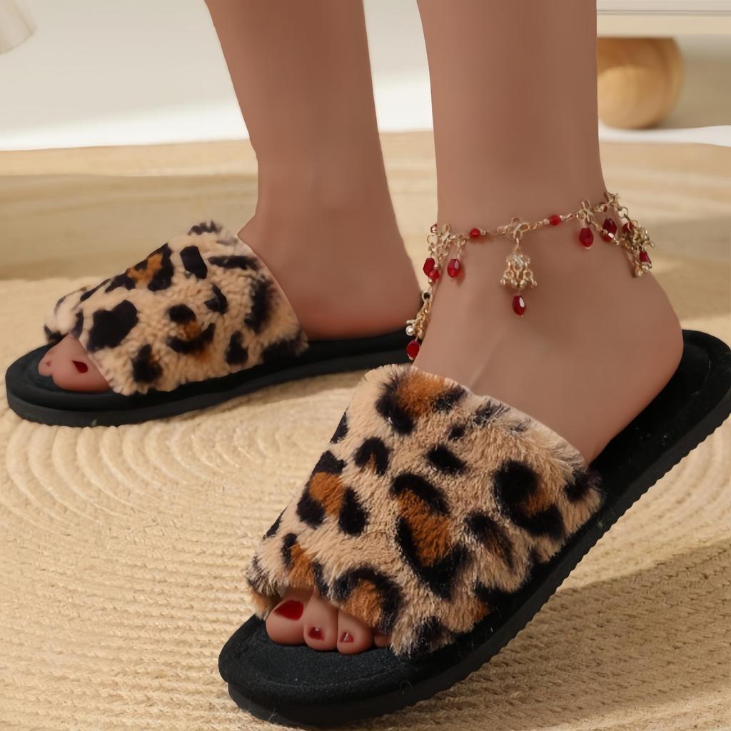 Order A Size Up Women's Luxurious Leopard Print Fuzzy Slippers, Plush Warm Open-Toe Soft Sole Home Floor Slippers