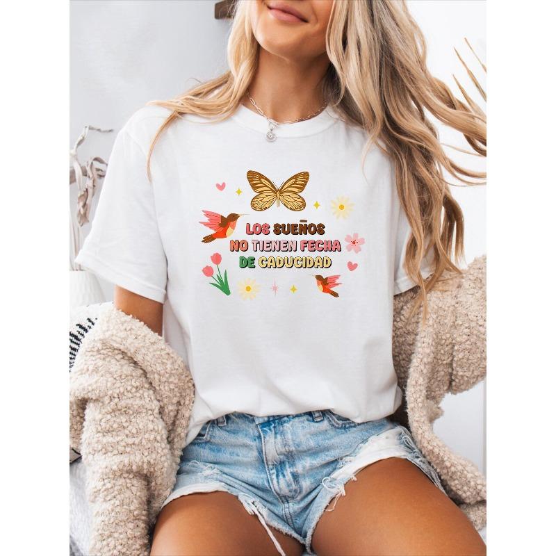 

Casual Spring/Summer Women S Crew Neck Short Sleeve T-Shirt With Spanish Alphabet Print | Medium Stretch Fabric S белый