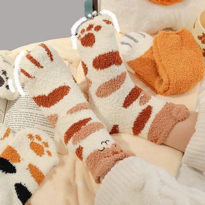 Flauschige Schlafsocken Warme Niedliche Katze Plüschsocken Dehnbar Atmungsaktiv Winter Indoor Socken für Zuhause Lounge Schlaf Weihnachtsgeschenk