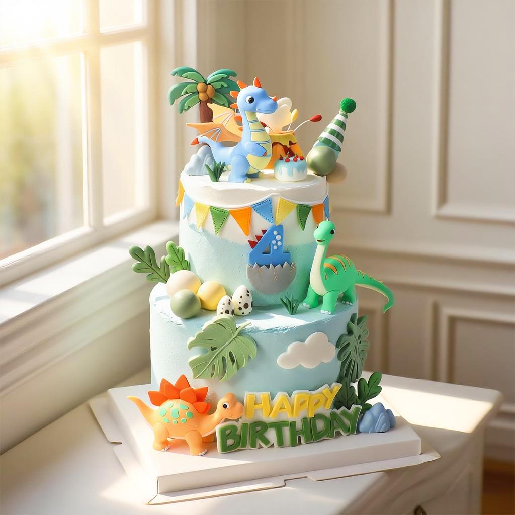 24PCS Dinosaur Cake Topper, Dinosaur Eggs Leaves Grasses Cake Decorations for Safari Animal Themed Birthday Party Supplies