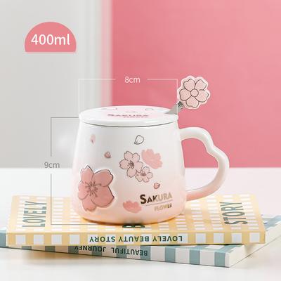 New Creative Cherry Blossom Ceramic Water Cup with Lid Spoon Heat Resistant Cup Home Office Relief Mug Girl Heart