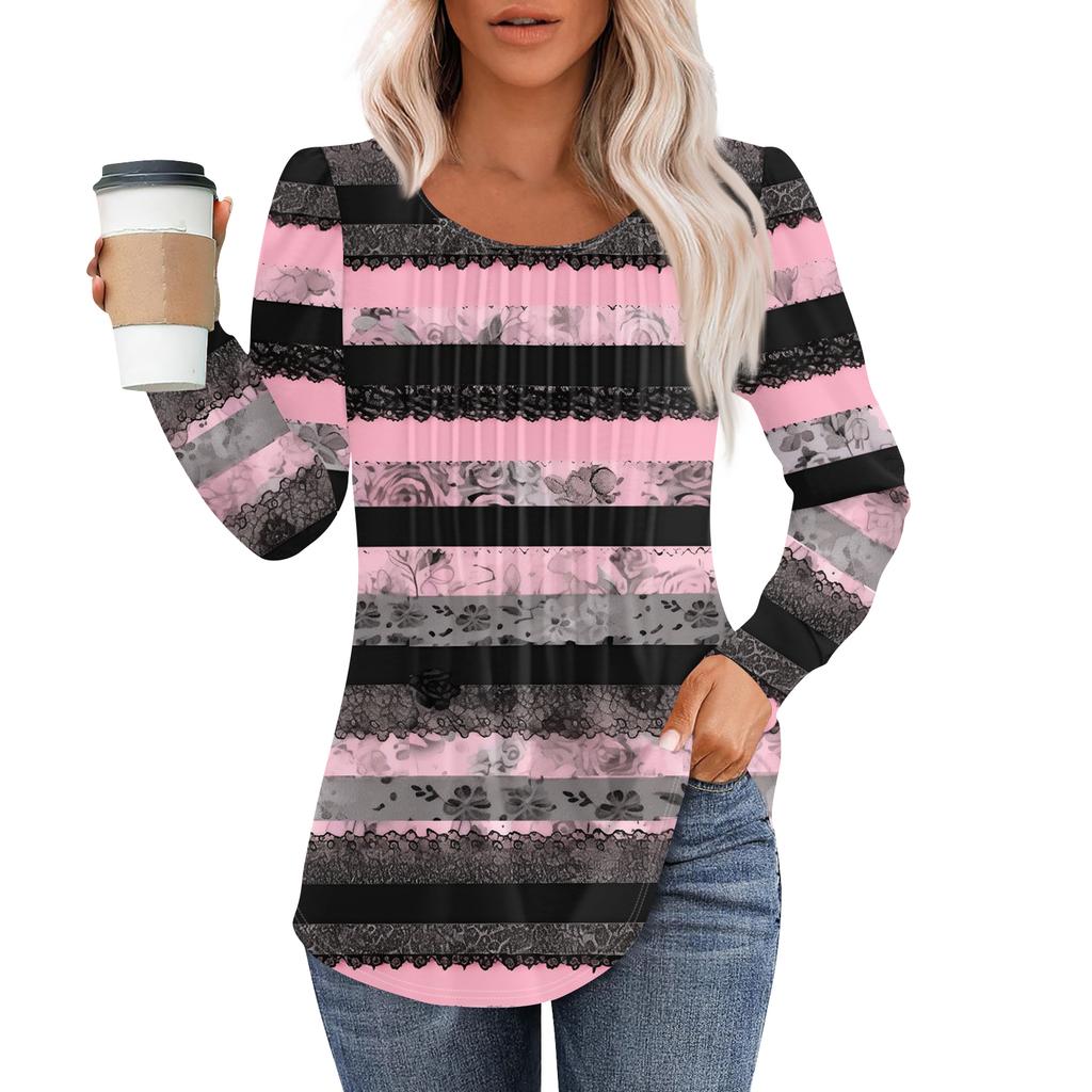 Damenmode Lässig Plissiert Rundhals Vintage Blumendruck Langarm T-Shirt Top