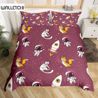 Rocket Astronaut Space Theme Duvet Cover Set King Queen Full Size Polyester Comforter Cover For Kids Boys Girls Bedroom Decor