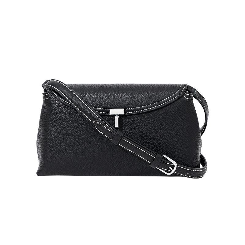 Simple Top-grain Leather Flap Bag, T-shaped Lock Buckle, Fashionable Commuting Crossbody Bag, Large-capacity Single-shoulder Bag