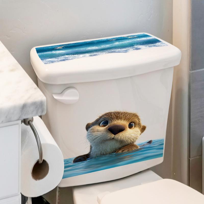Cute Sea Otter Ocean Wave Toilet Lid Tank Self Adhesive Removable Sticker Waterproof Bathroom Decor Decal