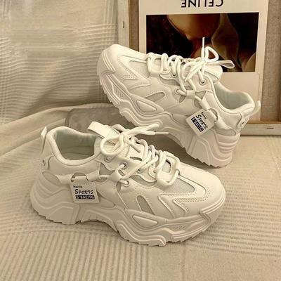 New Korean Version of Student Shoes  Casual Sports Shoes Quality Leather Platform Shoes Women High Heel Sneakers Round Toe Dad Shoes