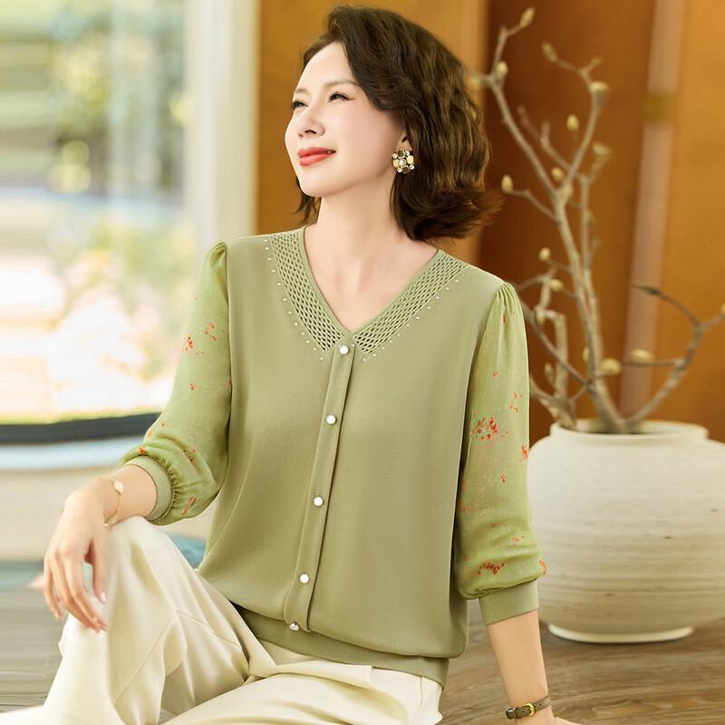 Women s V-Neck Mesh Sleeve Knitted Blouse XL зелёный