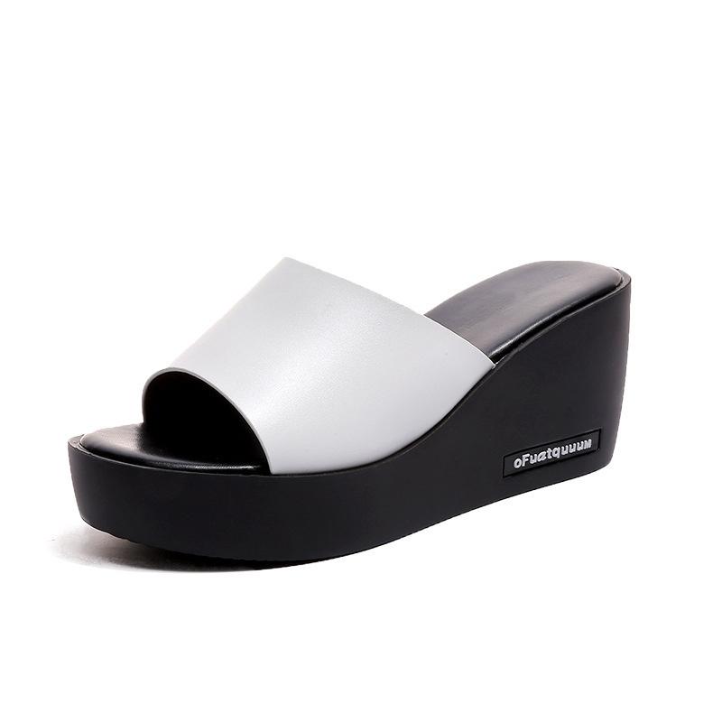 Thick bottom slope heel fish mouth sandals women wear one-word non-slip muffin bottom slippers women