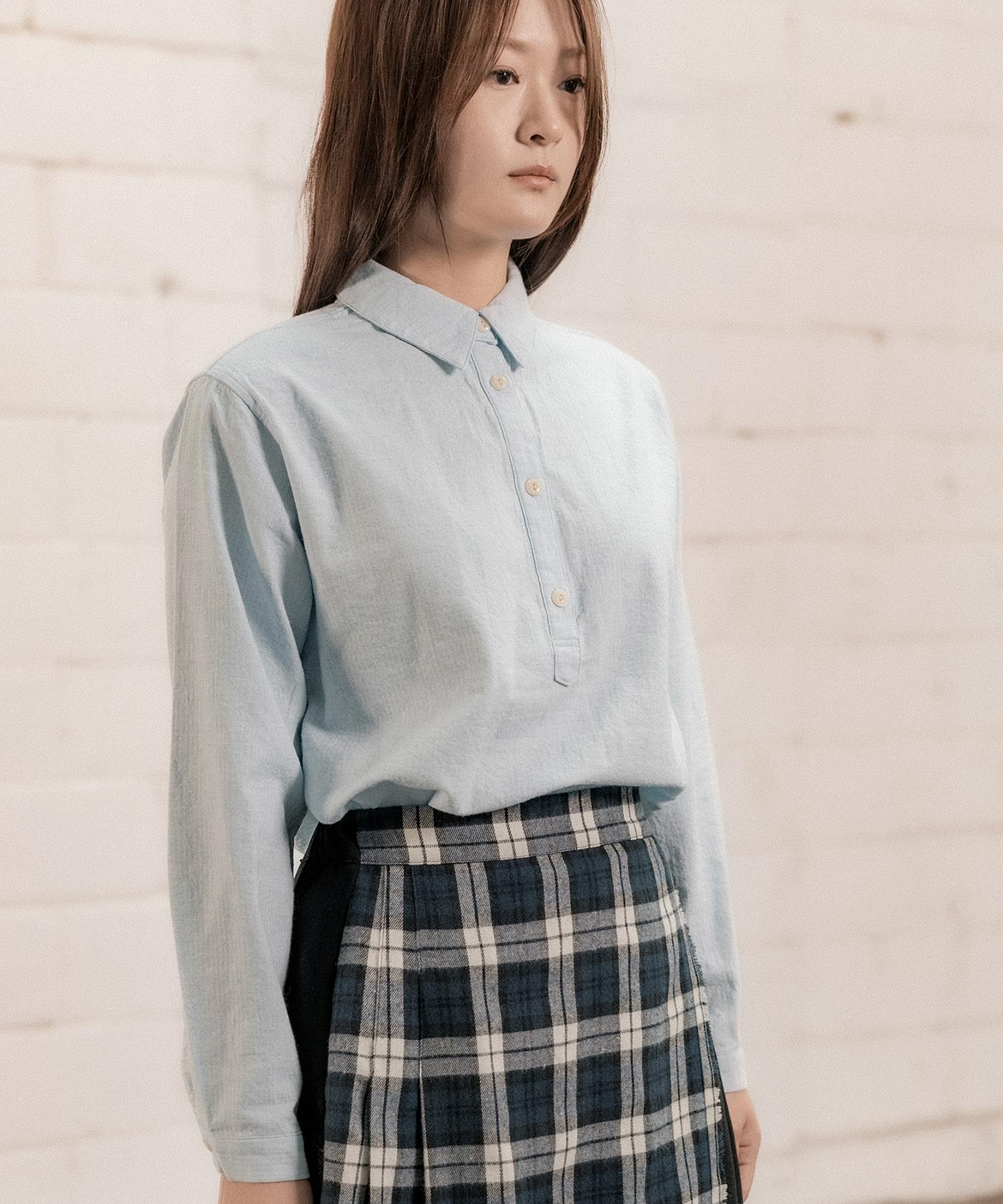 Cotton Bell Half-Open Long Sleeve Shirt - Sky Blue