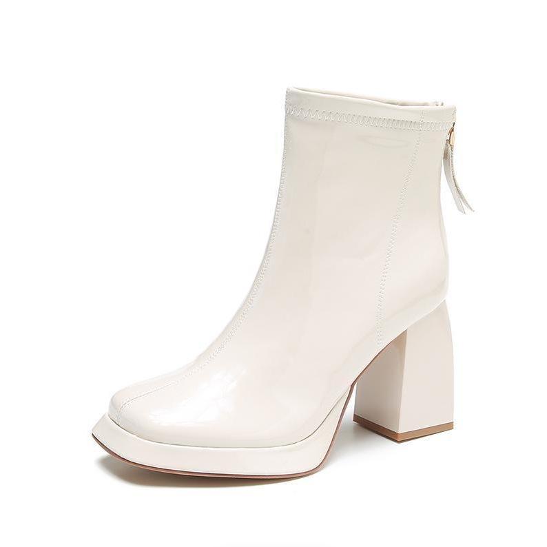 Blockabsatz High Heel Stiefel 2025 Herbst neu eckige Spitze College-Stil Nische kurze Stiefel wasserdicht Tisch Temperament Martin Stiefel ins Tide