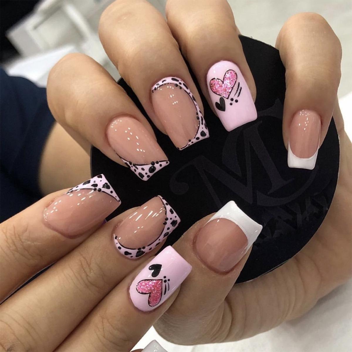 White Powder French Tips with Black Heart Dots and Pink Glitter Hearts Wearable Nails Glue Version