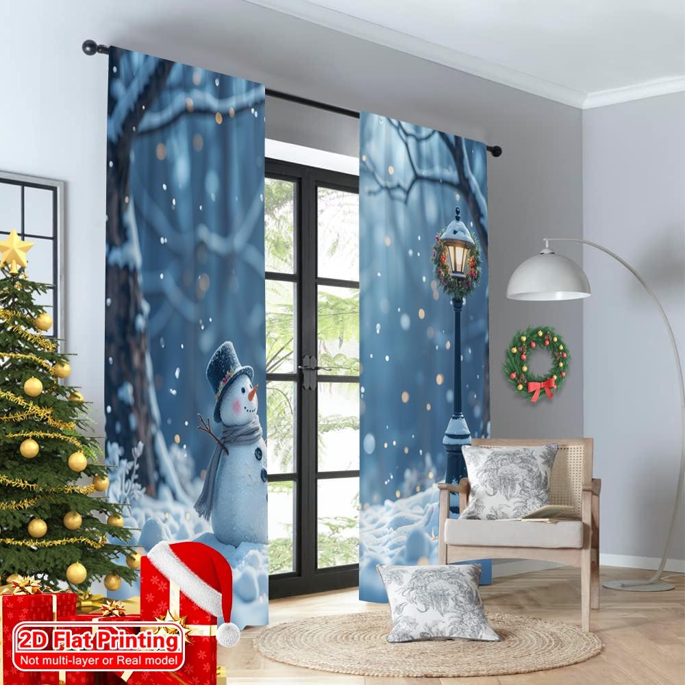 2 Stück 2D Flachdruck Frohe Weihnachten Vorhänge Schneemann Winter Straßenlaterne Sterne Polyester Ohne Strom Festliche Vorhänge Verwendung