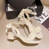 Fashion White Summer 2024 High Heels Thick Heel One Word Women's Shoes Sandals For Woman Pearl Bow Footwear With Youthful Emo Offer F H