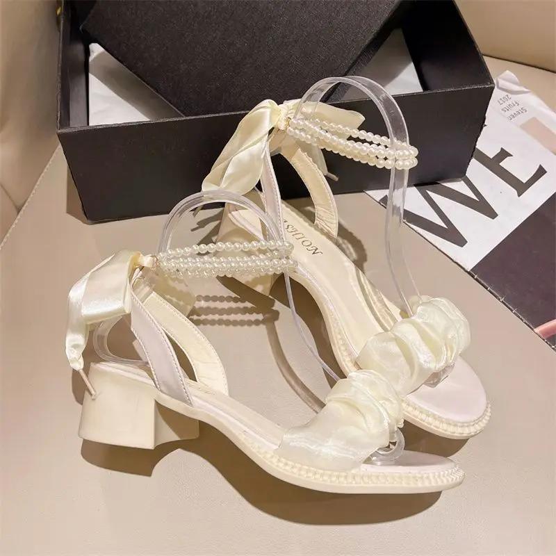 Fashion White Summer 2024 High Heels Thick Heel One Word Women's Shoes Sandals For Woman Pearl Bow Footwear With Youthful Emo Offer F H