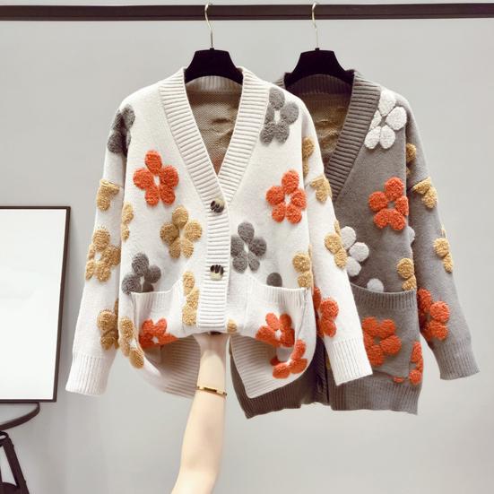 Women Sweater Coat V-Neck Long Sleeve Flower Pattern Knitted Cardigan with Pockets Loose Fit Autumn Winter Knitwear