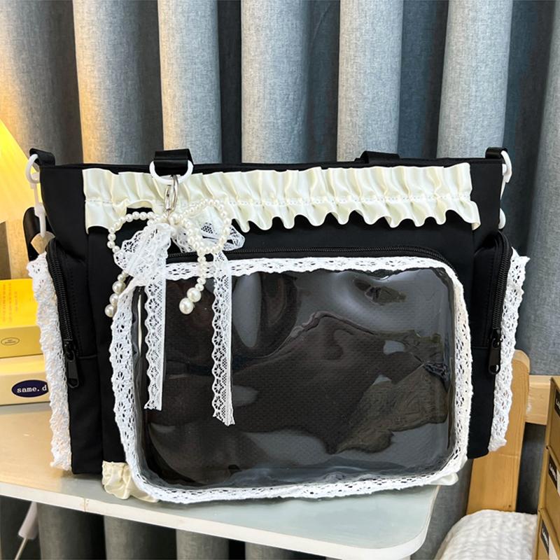 Y2k Itabag Lolita Girl Transparent Pocket Display Handbag Japanese Tote Bag Preppy Style Commuter ShoulderBag Lace Crossbody Bag