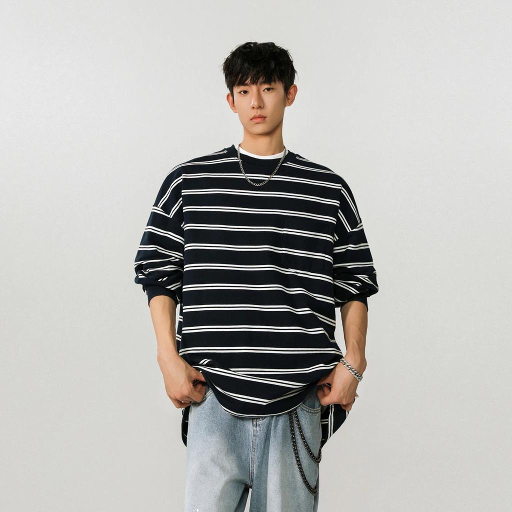 Męskie Koszulki w Paski Harajuku Wiosenne Męskie Casualowe Koszulki z Okrągłym Dekoltem Męskie Białe Koszulki z Długim Rękawem Mężczyzna Koszulka Oversize