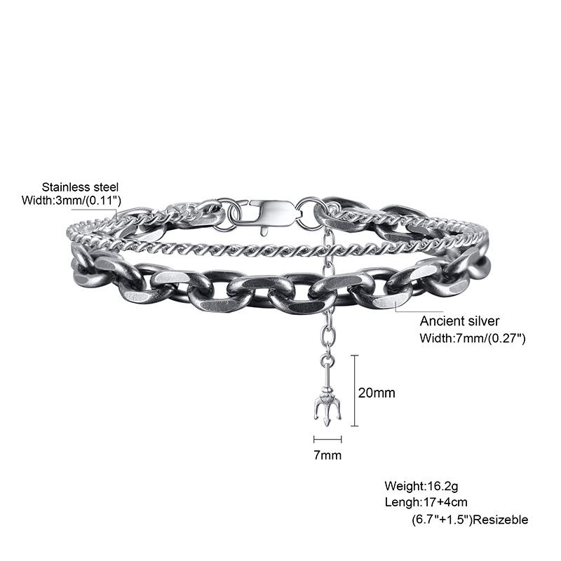 Vnox Vintage Stacked Chain Bracelets for Men Women, Retro Rolo Links Wristband With Trident Charm, Simple Layered Jewelry