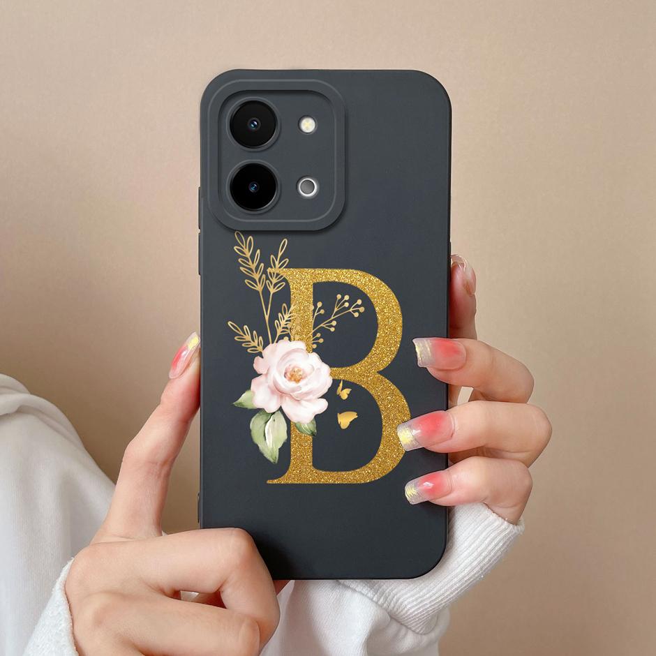 Case For Vivo Y28 4G 5G Art Flower 26 Letters Liquid Silicone TPU Back Cover For VivoY28 4G 5G Advanced Sense Couple Funda Shell