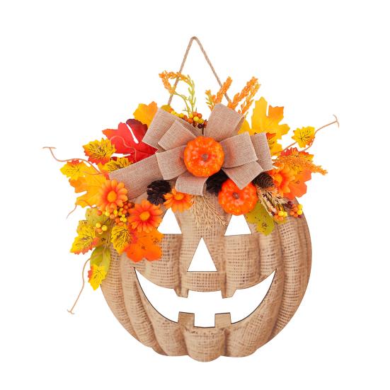 Decorazione Porta di Halloween per Portico Segno di Zucca in Legno con Luci LED, Ghirlanda Floreale Artificiale Ornamento Rustico da Fattoria Decorazioni Autunnali Finestra