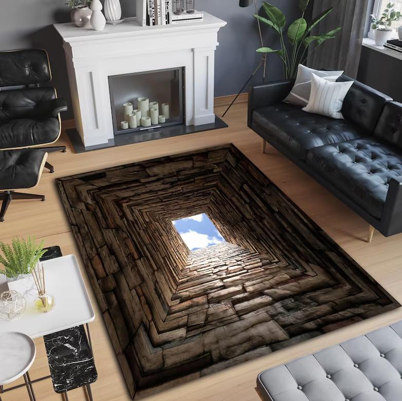 3D Visual Illusion Stone Wall Carpet Modern Creative Sky Center Pattern Decor Mat Soft Anti-slip Home Decor Visual Impact Rug