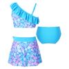 Kids Girls 3 Piece Asymmetric Swim Set Ruffle Trim Floral Print Crop Tops Skirt Briefs Beach Pool Bathing Suit