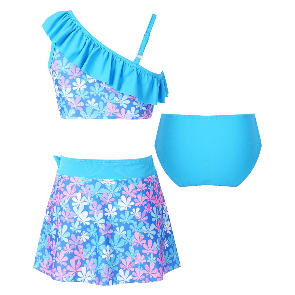 Kids Girls 3 Piece Asymmetric Swim Set Ruffle Trim Floral Print Crop Tops Skirt Briefs Beach Pool Bathing Suit
