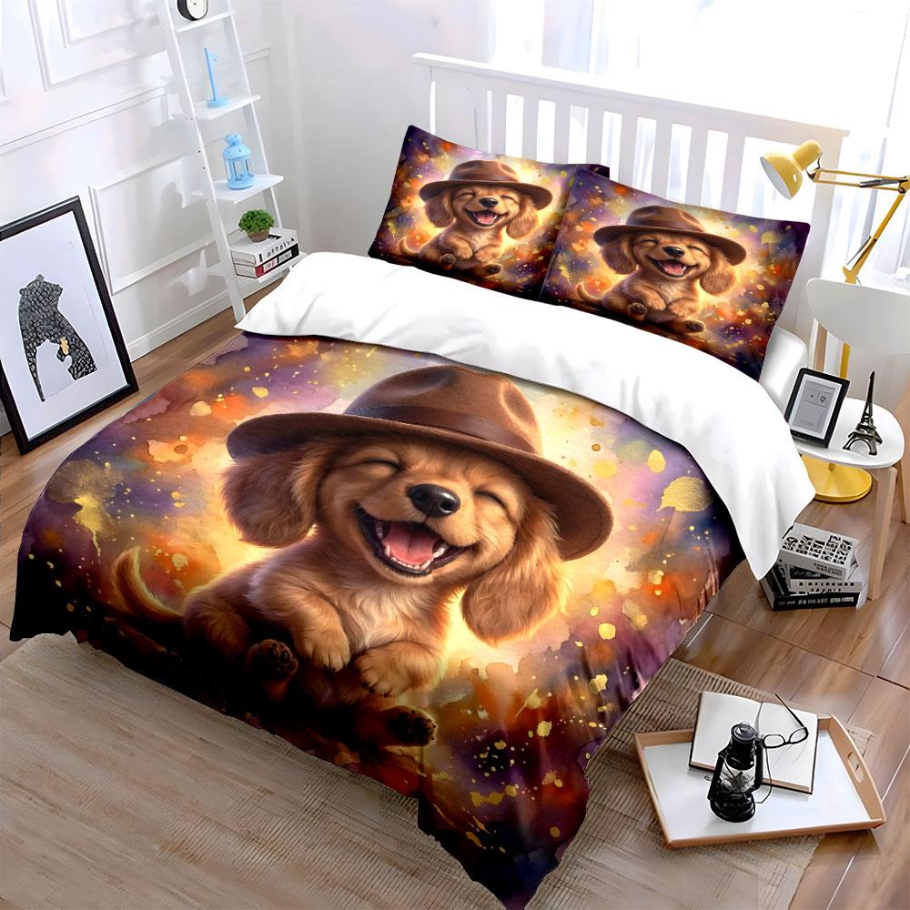 Cute Happy Dog In Hat Design Bedding Duvet Cover Set (1*Duvet Cover 2*Pillowcases, Without Duvet Insert)