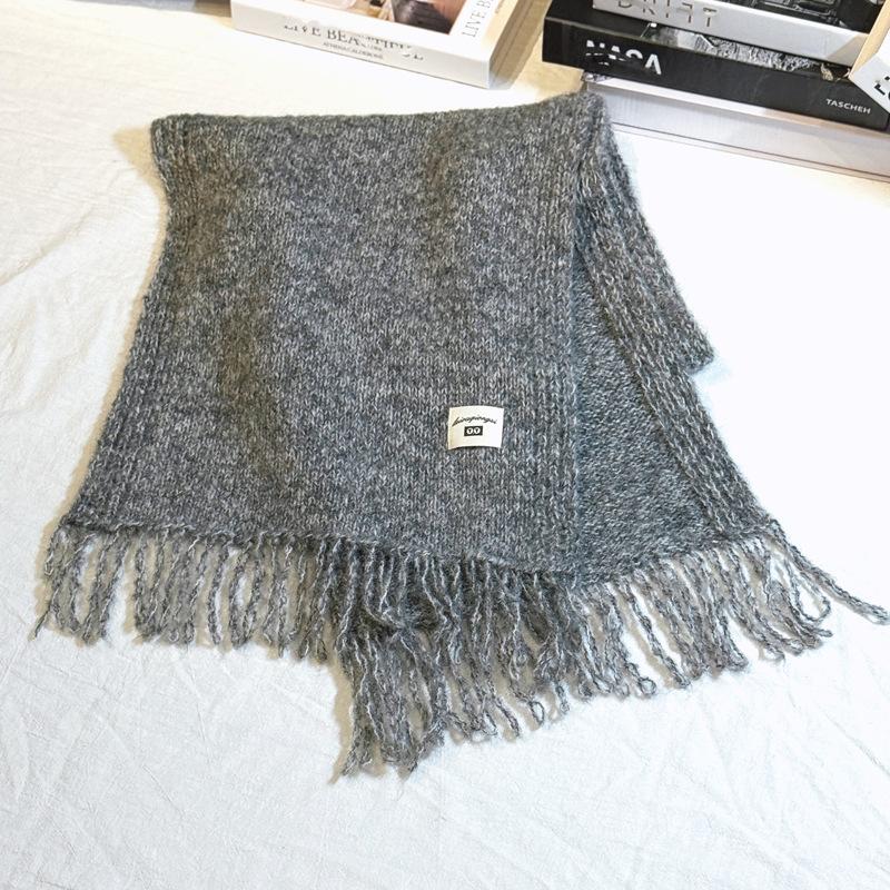 Korean simple solid color scarf women s winter thick needle monochrome fringed scarf knitted wool student couple warm scarf 180cm
