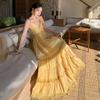French Beautiful Yellow Skirt Collar Suspender Dress Women's Summer Seaside Vacation Elegant Fairy Big Swing Dress