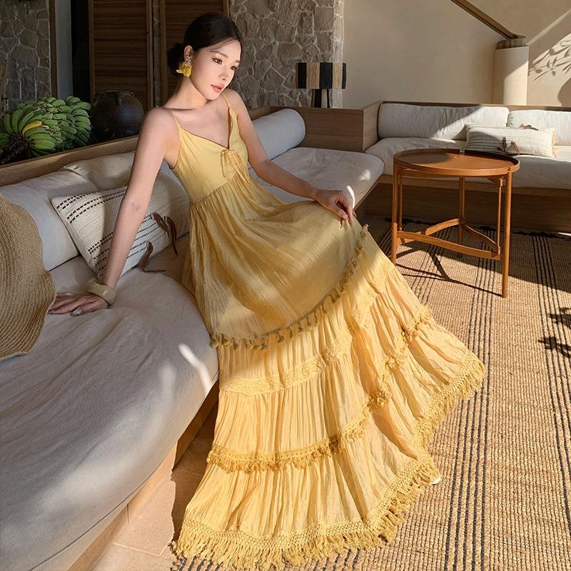 French Beautiful Yellow Skirt Collar Suspender Dress Women's Summer Seaside Vacation Elegant Fairy Big Swing Dress