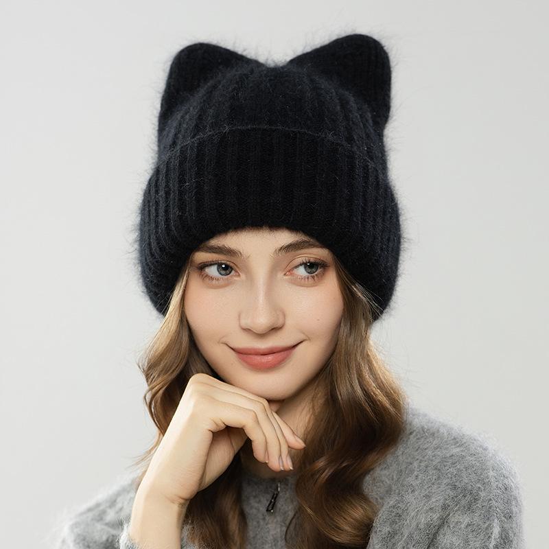 Angora rabbit fur hat autumn and winter knitted plush cat ear shape warm cute ladies casual hat