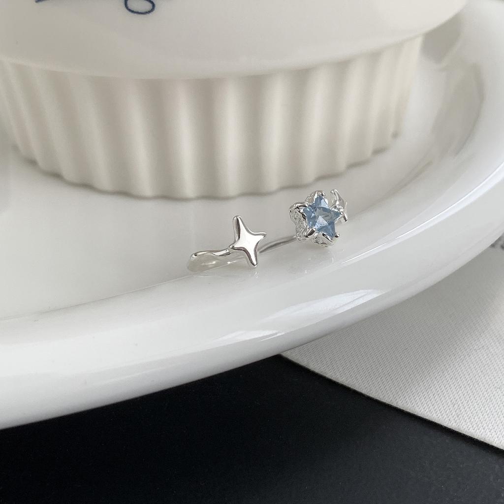 PANJBJ 925 Silver Stars Ring For Women Blue Crystal Opening Sweet Romance Irregular Versatile Jewelry Gift