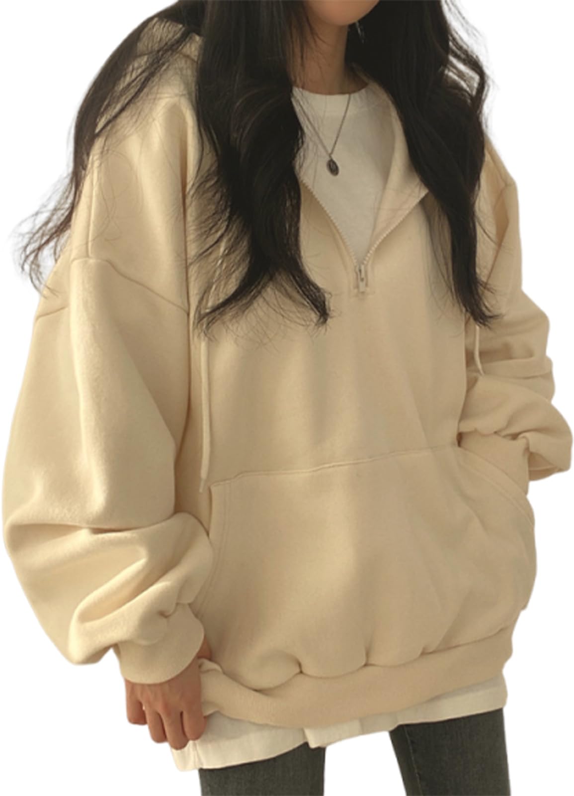 

J.STORE Women s Half-Zip Hoodie, Oversized, Long Sleeves, Loose Fit, Stylish, Casual, Perfect for Fall/Winter, Beige, 5A-J10-BE