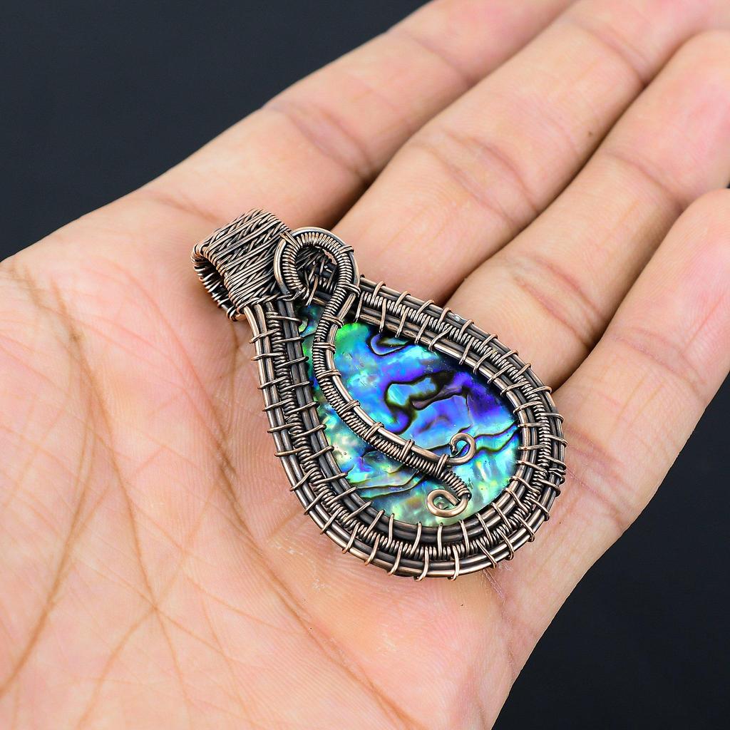 Pandantiv Abalone Shell înfășurat cu sârmă de cupru 999, Bijuterii pandantiv cu piatră prețioasă lucrate manual, Cadouri pentru soție Pandantiv nou-nouț