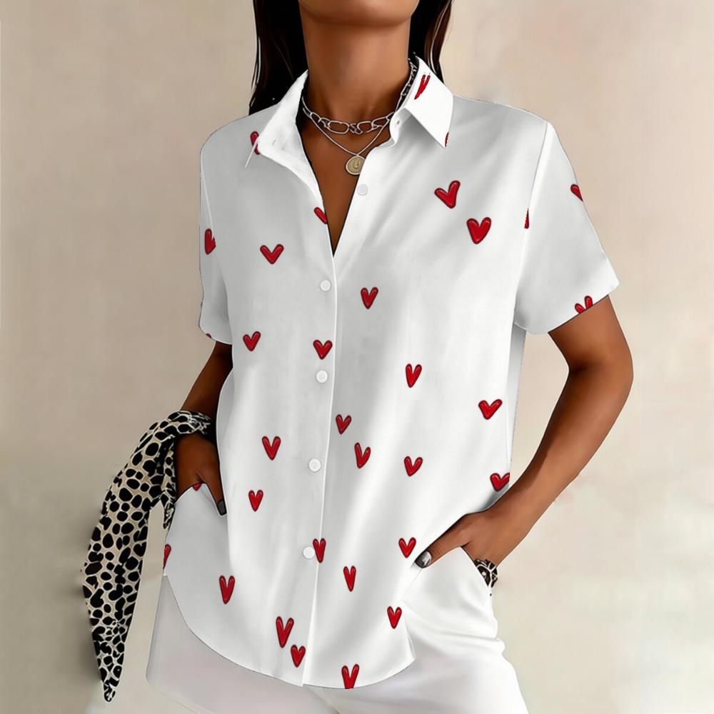 Simple and personalized gradient color printed summer women's plus size lapel short sleeved shirt fashionable versatile top