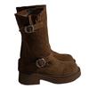 Damenschuhe Plateau Martin Stiefel Damen 2025 Herbst und Winter Retro Maillard Metallschnalle Kurze Cowboy Stiefel Mittelschaft Stiletto