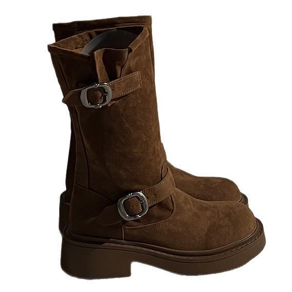 Damenschuhe Plateau Martin Stiefel Damen 2025 Herbst und Winter Retro Maillard Metallschnalle Kurze Cowboy Stiefel Mittelschaft Stiletto