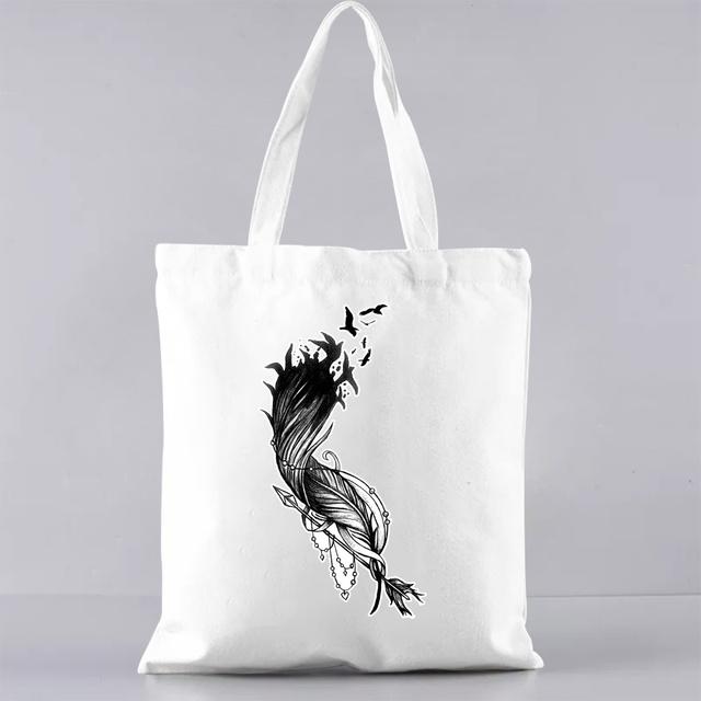 Grundlegende Einkaufstasche im koreanischen Stil, passend zu allen Gelegenheits-Schultertaschen für Pendler, Farbe mit Federmuster, bedruckte Canvas-Lebensmitteltaschen