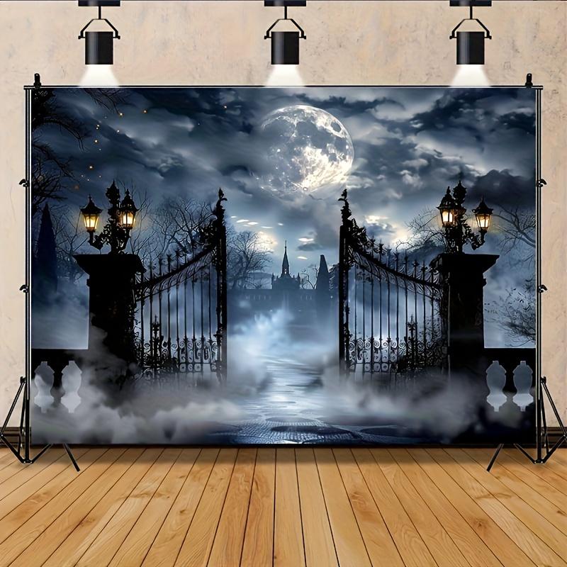 2D flat 1 piece of Gothic castle full moon night polyester background - Misty cemetery gate design suitable for Halloween